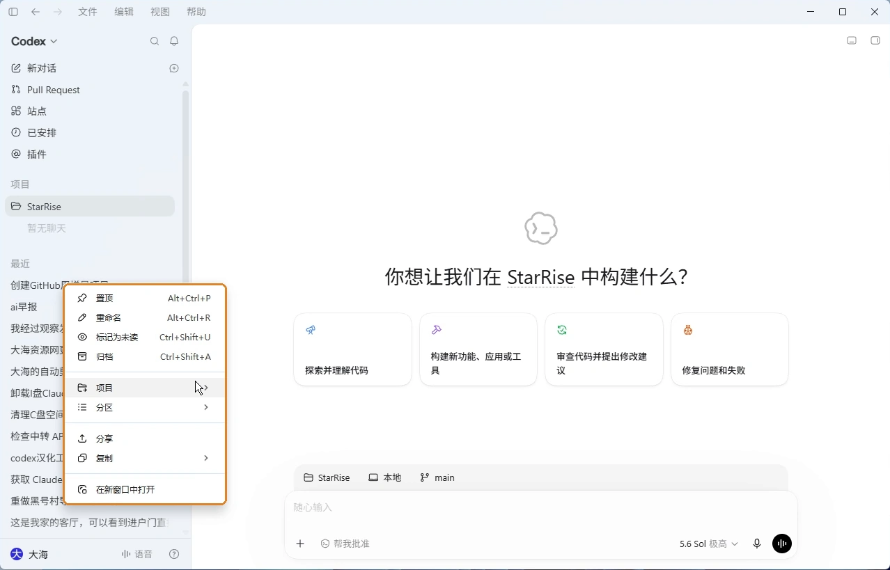 聊天菜单中的“项目”入口